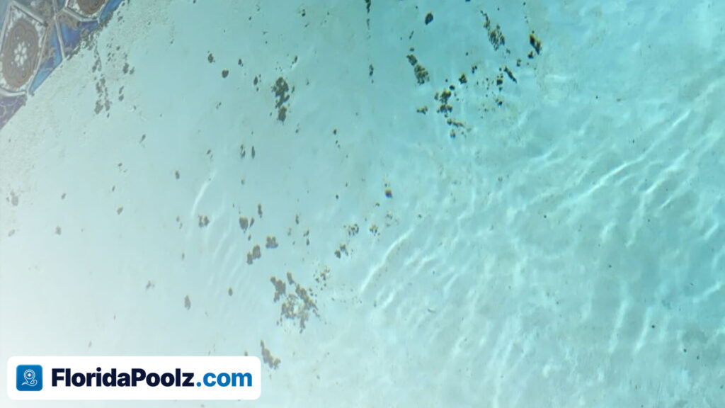 Dark black algae spots clinging to the pale blue tiled floor and wall of a swimming pool, seen underwater.