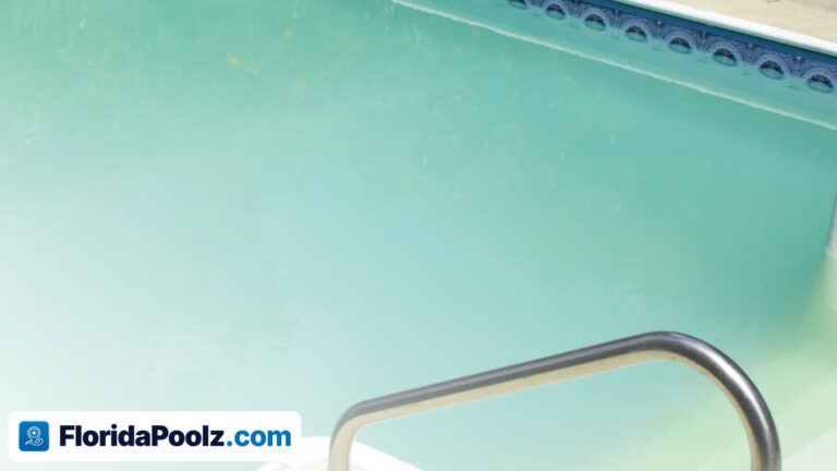 Milky, cloudy pool water beside a stainless steel handrail, with the bottom of the pool barely visible.
