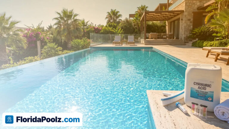 A tub of cyanuric acid pool stabiliser and a water test kit on the coping beside a screened backyard pool.