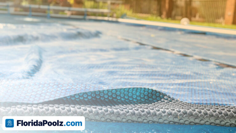 A blue bubble solar cover partly unrolled across the surface of a swimming pool.