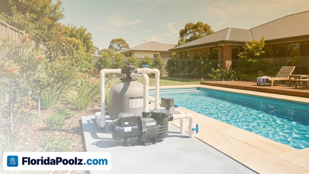 A sand filter and pool pump on a concrete pad beside a backyard swimming pool.