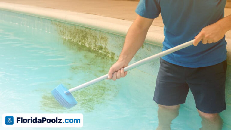 A man standing knee-deep in a pool, scrubbing green algae from the wall with a brush on a long pole.
