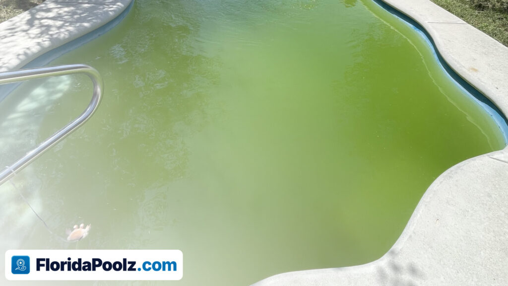 Yellow-green mustard algae settled in a dusty layer across the floor and steps of a swimming pool.