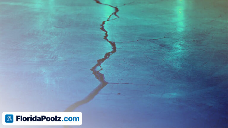 A long crack running across the blue floor of a swimming pool, seen underwater.