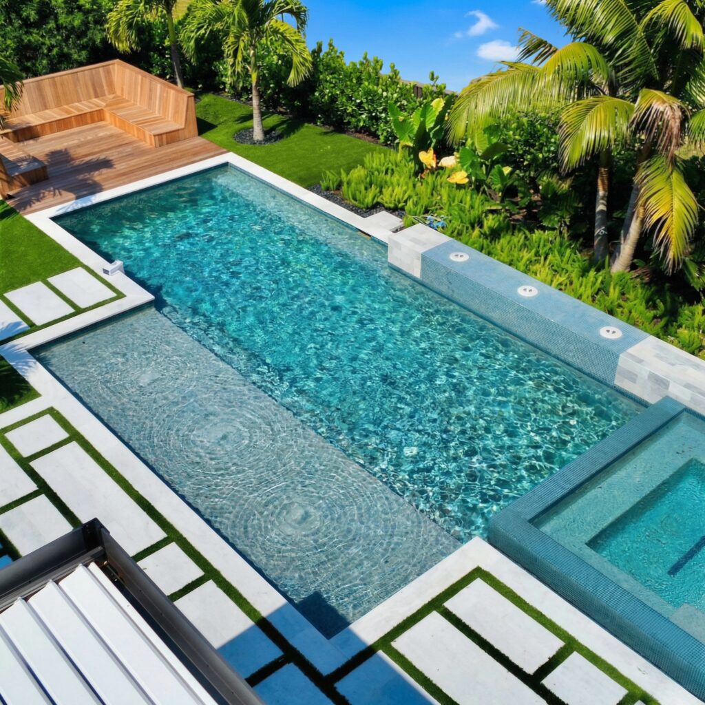 Aerial view of a modern rectangular pool with tiled raised spa, tanning ledge with bubblers, and wood deck bench surrounded by palm trees.