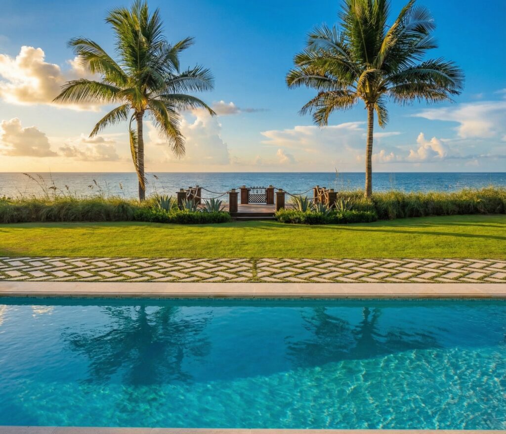 A pool edge in the foreground overlooks a manicured lawn with palm trees and the ocean beyond.