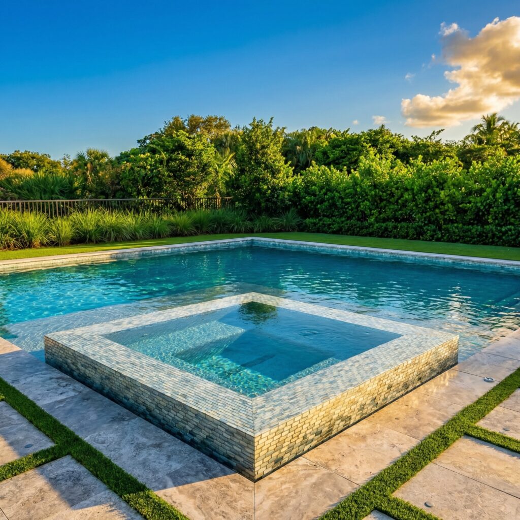 A rectangular backyard pool with a raised tiled spa spilling over into the main pool, surrounded by travertine pavers and lush greenery.