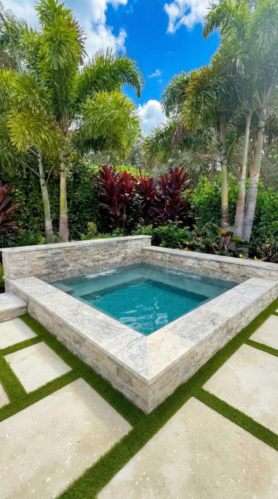 A raised square stone-clad spa with turquoise water surrounded by tropical palms and greenery.