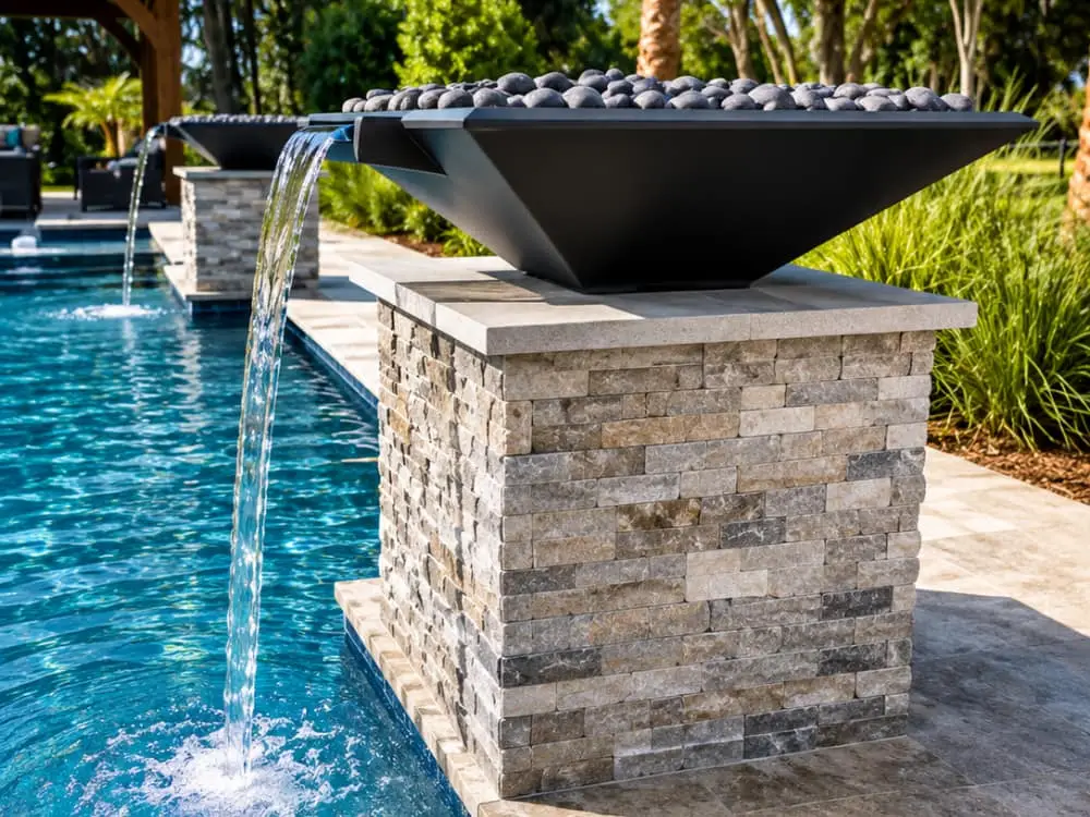 Row of stone pedestals with dark bowls pouring water scuppers into a pool.