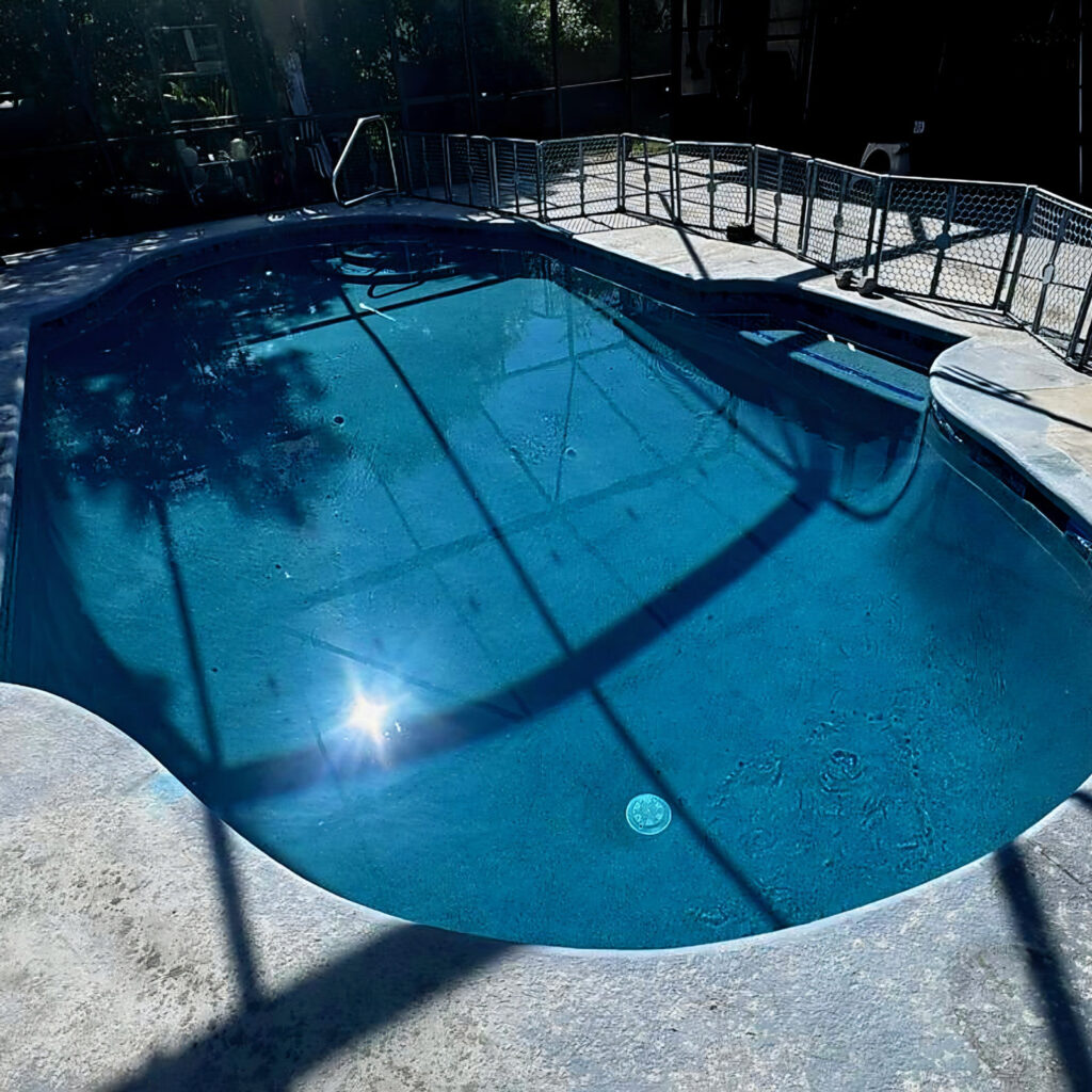 A freeform backyard pool under a screened enclosure with strong tree shadows across the water.