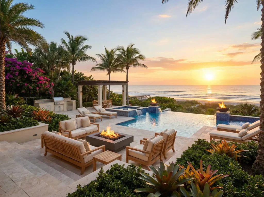 An infinity-edge pool with a raised spa and lit fire bowls overlooks the ocean at sunset.
