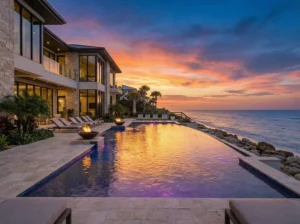 An infinity-edge pool overlooks the ocean at sunset with two lit fire bowls beside a stone patio.