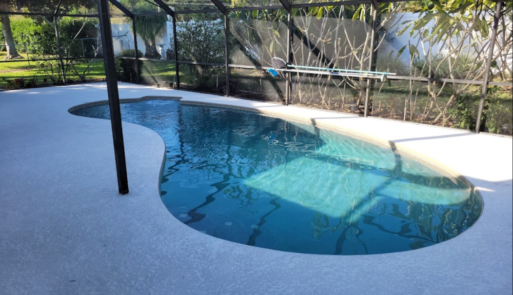 A freeform pool with a white textured deck inside a screened enclosure.
