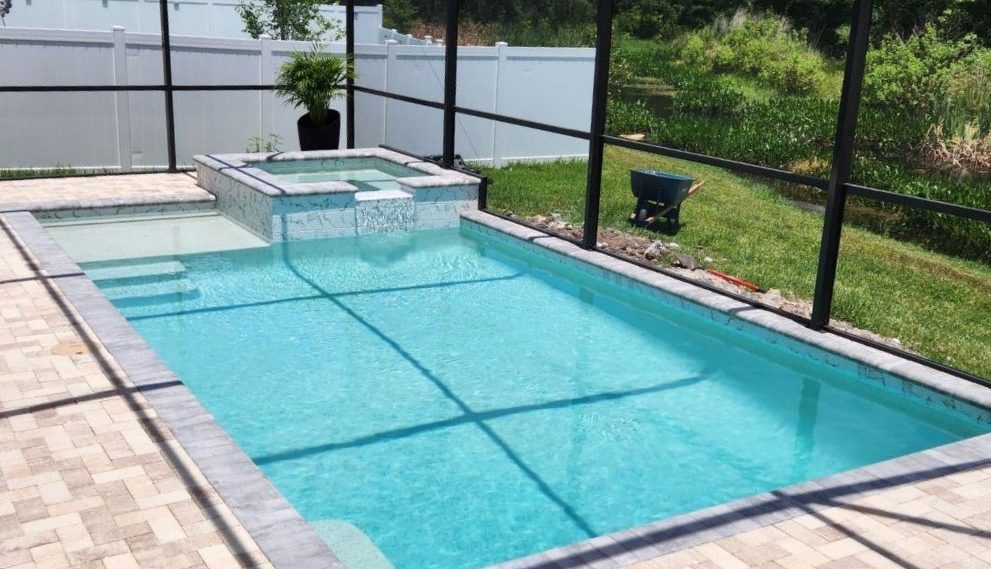 A rectangular pool with a raised spa spilling water, inside a screened enclosure backing onto a grassy wetland area.