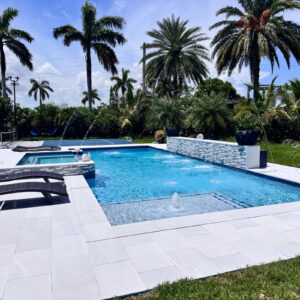 A rectangular backyard pool with a raised spa, tiled accent wall, and dancing water jets surrounded by palm trees.