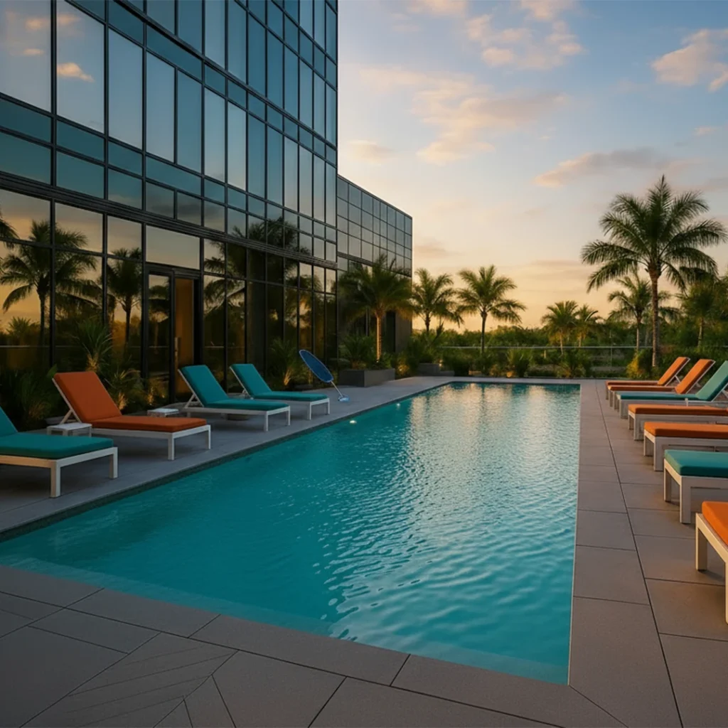 A long rectangular pool lined with lounge chairs beside a glass high-rise at dusk.