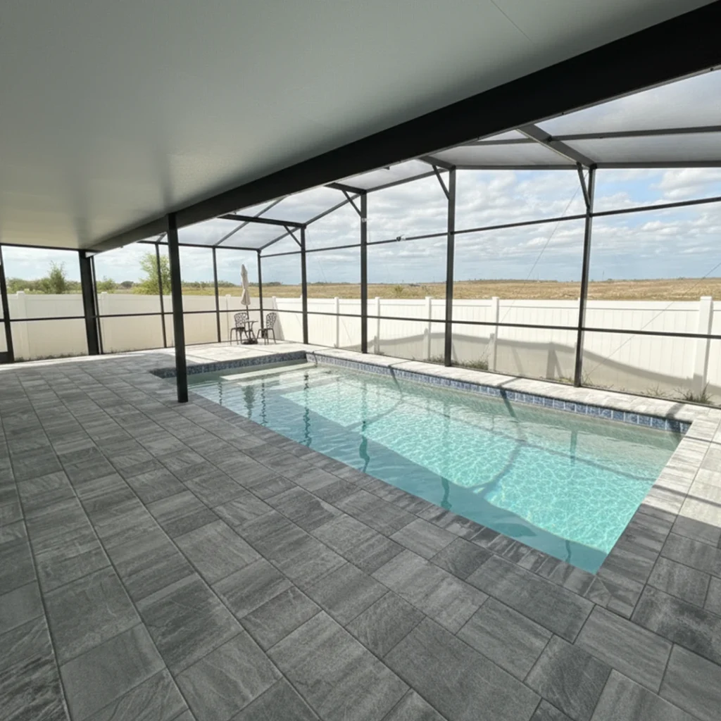 Small rectangular pool under a screened patio enclosure with gray tile decking and open field beyond a white vinyl fence.