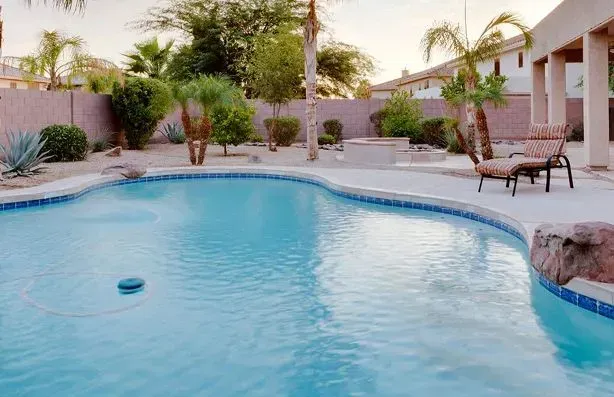 A freeform backyard pool with blue tile edging surrounded by desert landscaping and palm trees.
