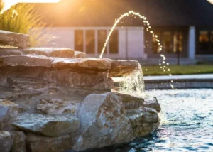 A backlit rock waterfall feature arcs a sparkling water jet into a pool at sunset.