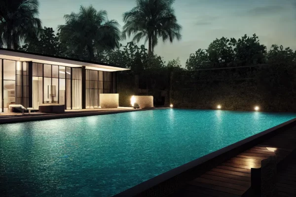 A long rectangular pool glows turquoise at night beside a modern glass house with palm trees in the background.