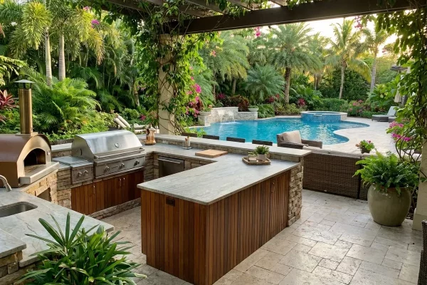 An outdoor kitchen with pizza oven and grill in the foreground, with a pool visible beyond the lush landscaping.