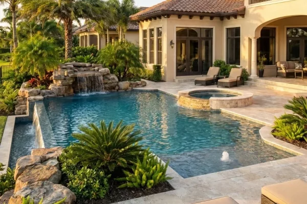 A freeform pool with a raised spa and rock waterfall in front of a Mediterranean-style home.