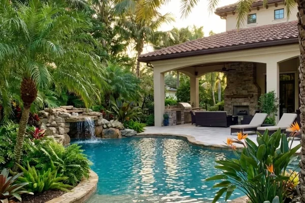 A lush tropical backyard pool with a rock waterfall beside a covered outdoor living area with fireplace.