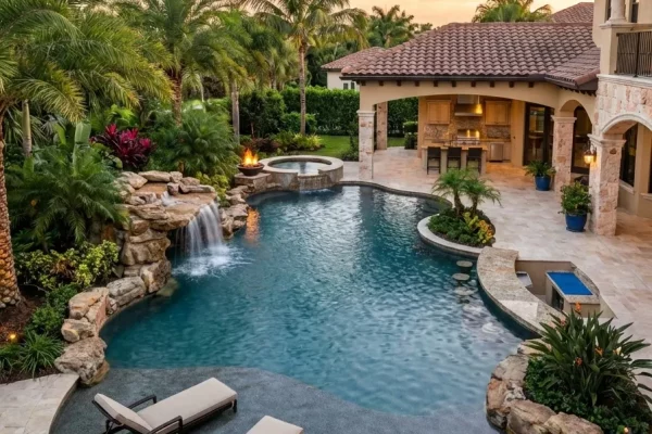 A freeform backyard pool with a rock waterfall, raised spa, and fire bowl at dusk beside a covered outdoor kitchen.