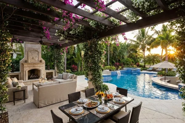 A shaded pergola dining and lounge area with a fireplace overlooks a curved pool with a raised spa at dusk.