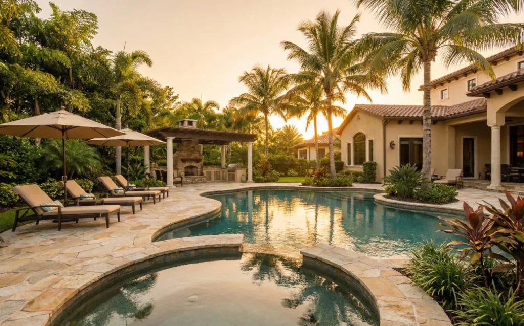 A freeform pool and raised spa surrounded by stone decking and palm trees at sunset with an outdoor fireplace lounge area.