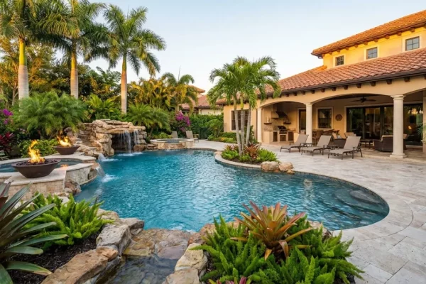 A freeform pool with rock waterfall, raised spa, and fire bowls beside a tropical-landscaped patio at dusk.