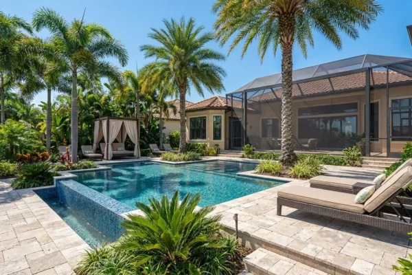 L-shaped pool with a raised spillover spa surrounded by palm trees and a screened lanai with lounge chairs.