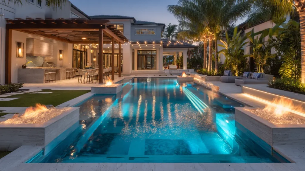 A luxury dusk-lit rectangular pool with glowing turquoise water, fire bowls along the edge, and a covered outdoor kitchen behind it.