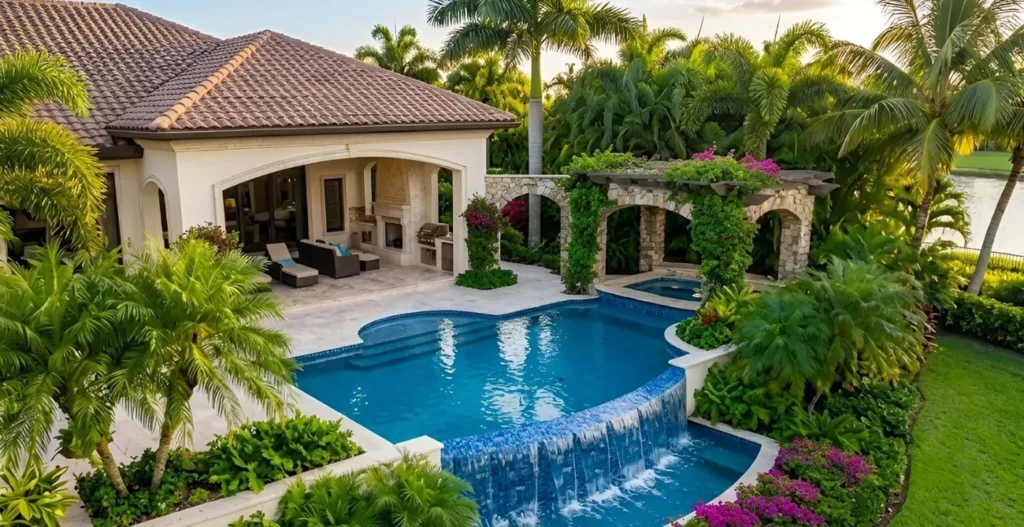 A freeform pool with a raised spa and stone waterfall cascading into a lower pool, surrounded by lush tropical landscaping at dusk.