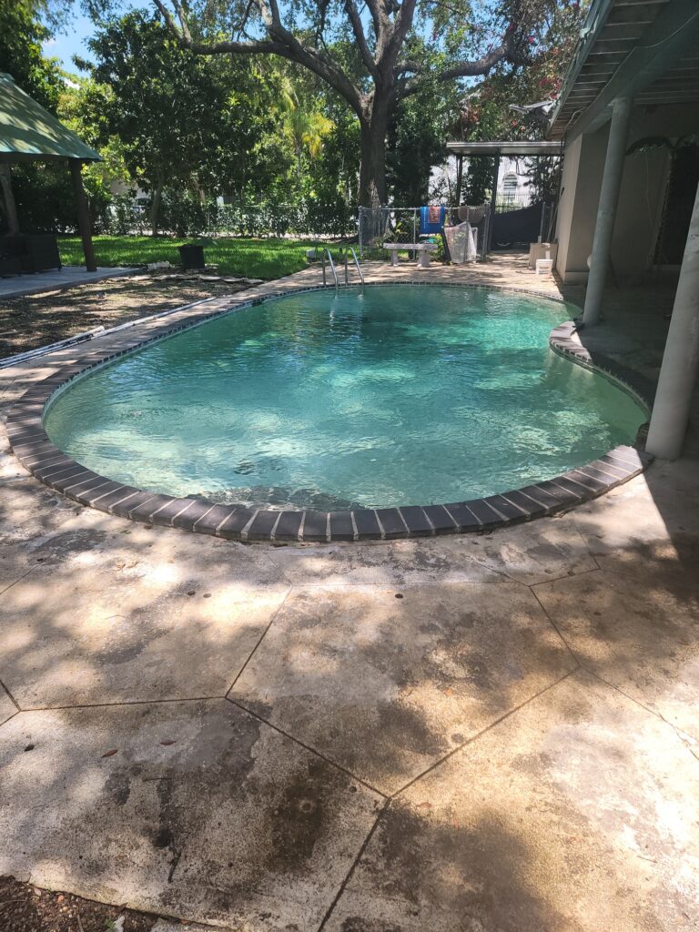 A small freeform backyard pool with cloudy water and brick coping under a shaded patio.