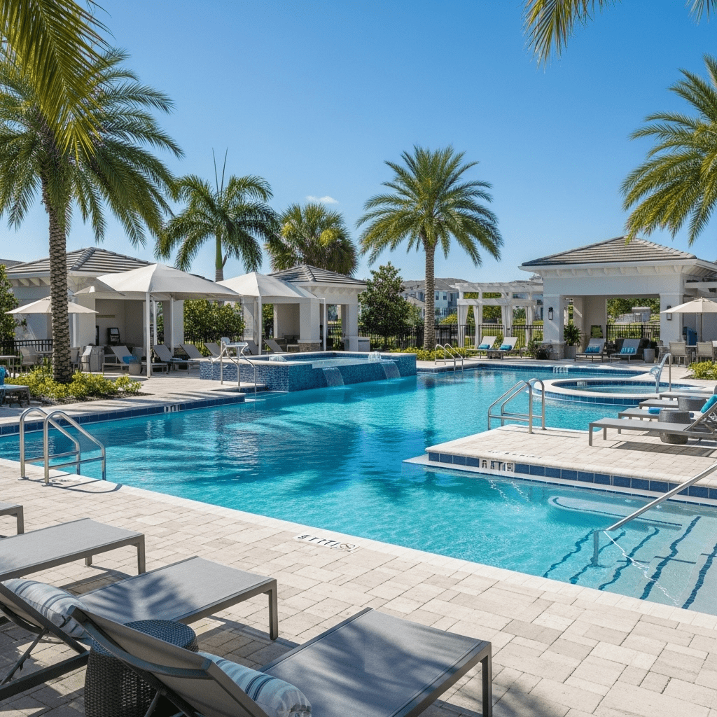A resort-style community pool with a raised spa, spillway wall, palm trees, and cabanas under a bright blue sky.