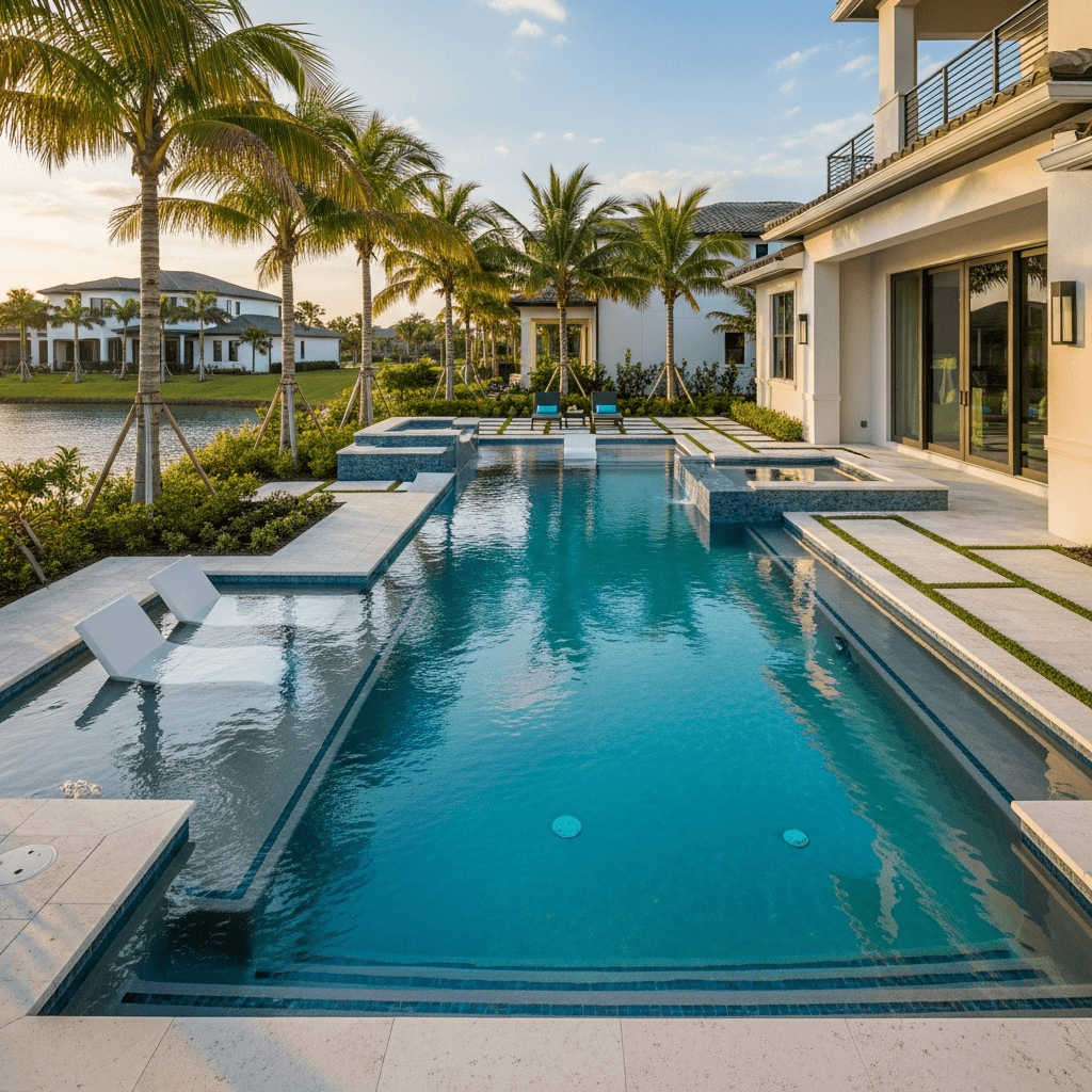 A modern rectangular pool with an attached raised spa and in-pool loungers beside a waterfront home at dusk.