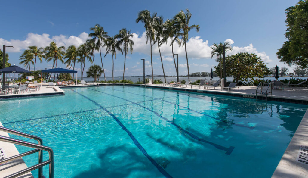 A large lap pool with lane lines set beside a waterfront lined with palm trees.