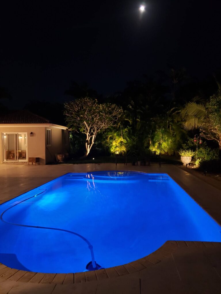 A freeform backyard pool glowing blue with LED lighting at night under a moonlit sky.