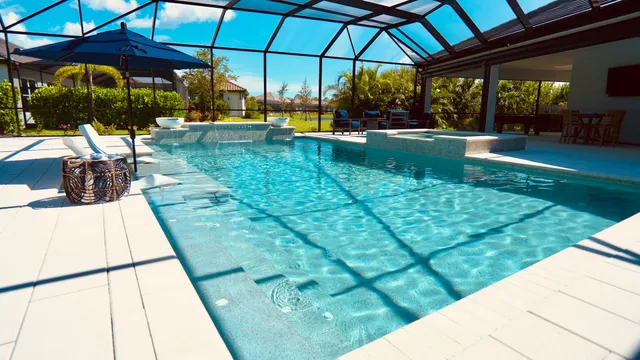 A screened rectangular pool with a raised spa and water bowls, surrounded by a paved patio under a large screen enclosure.