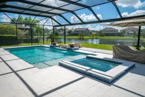 A screened rectangular pool with a raised spa and decorative water bowls overlooking a lakefront backyard.