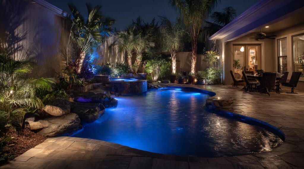 A freeform backyard pool lit blue at night with a raised stone spa and waterfall surrounded by palm trees.