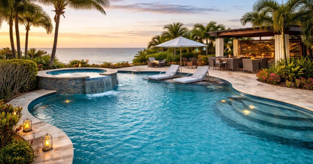 A freeform infinity-edge pool with a raised spa and waterfall overlooks the ocean at sunset.