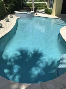 A freeform pool with a raised tiled spa and travertine deck in a landscaped backyard.