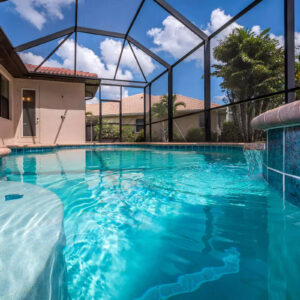 A freeform pool under a screened lanai with a raised spa spilling water over a tiled wall.