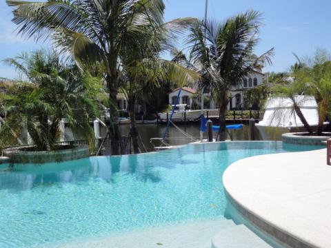 A curved infinity-edge pool overlooking a canal lined with palm trees and waterfront homes.