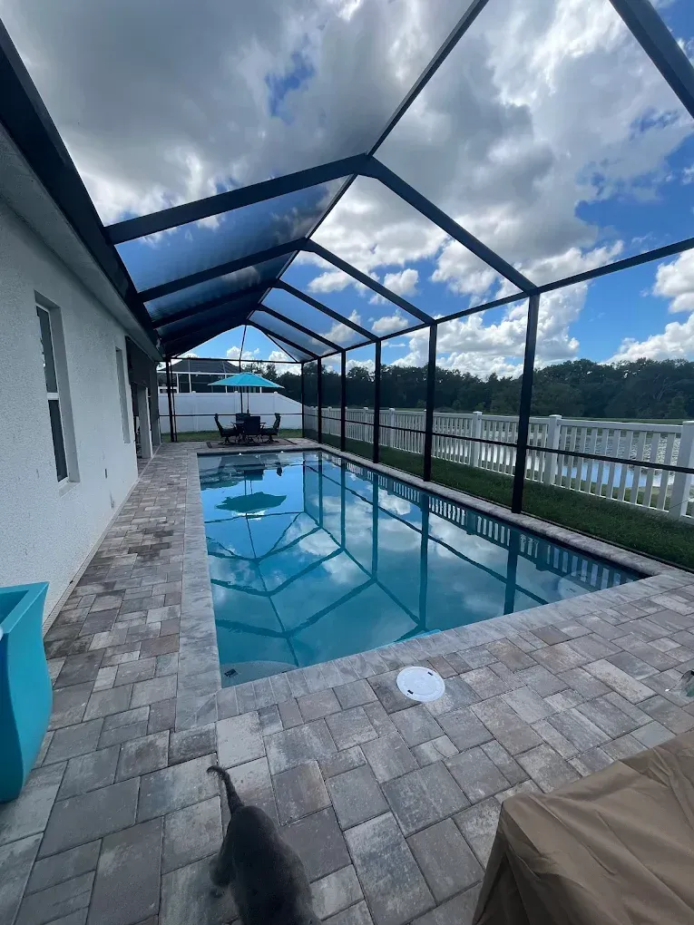A small rectangular pool under a screened enclosure with paver decking and a dog walking by the edge.