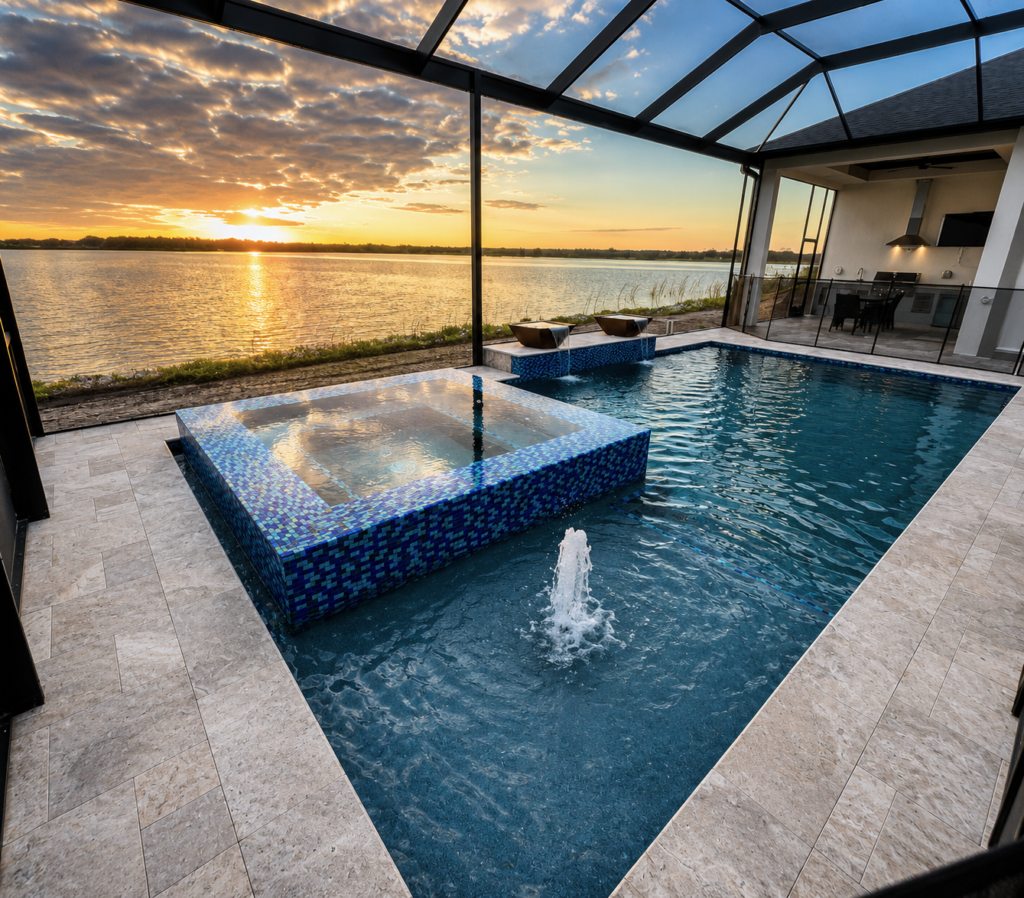 A raised mosaic-tiled spa spills into a geometric pool with a center fountain jet, screened in and overlooking a lake at sunset.