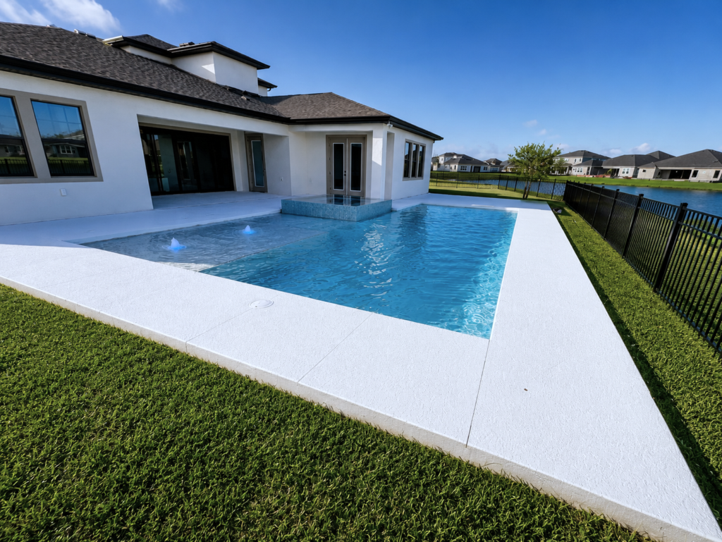 A rectangular backyard pool with a small raised spa behind it, next to a modern home overlooking a lake.