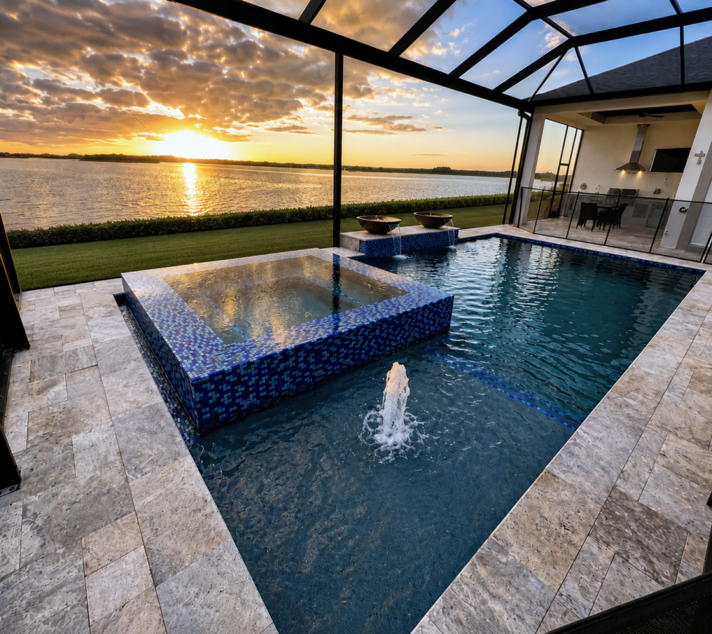 A raised spa with blue mosaic tile spills into a rectangular pool with a center fountain jet, screened lanai, and a lakefront sunset view.